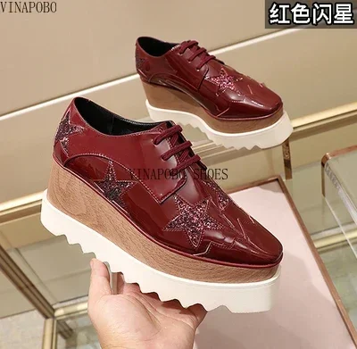 vinapobo New Genuine Leather Stars Shoes Bottom Platform Square Head Women Casual Breathable Waterproof Wedges Sneakers