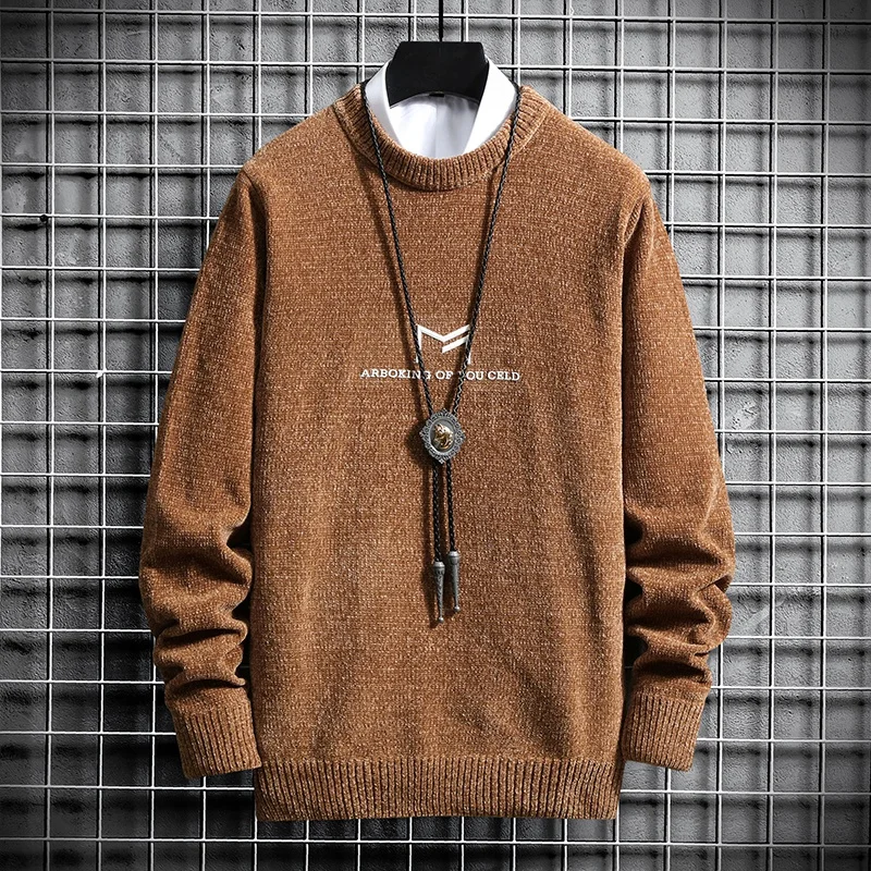 

Стрейчевый шерстяной свитер с круглым вырезом и длинными рукавами мужская осенне-зимняя свитер из синели мужская Удлиненная рубашка в Коре...