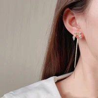 korean temperament tassel earrings elegant temperament zircon bow 925 silver needle pendant earrings