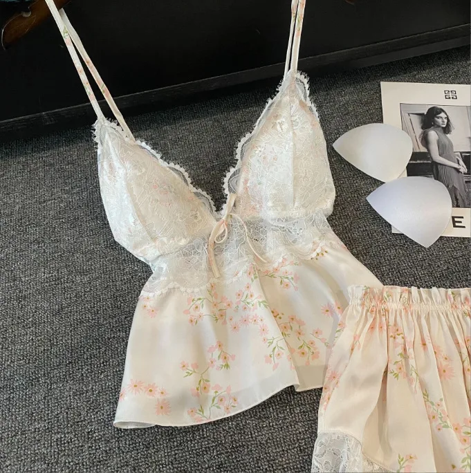 

2023 Summer New Print Pajamas Suit Women Satin Sleepwear Sexy Lace Patchwork Nightgown Cami&shorts 2Pcs Loungewear Soft Homewear