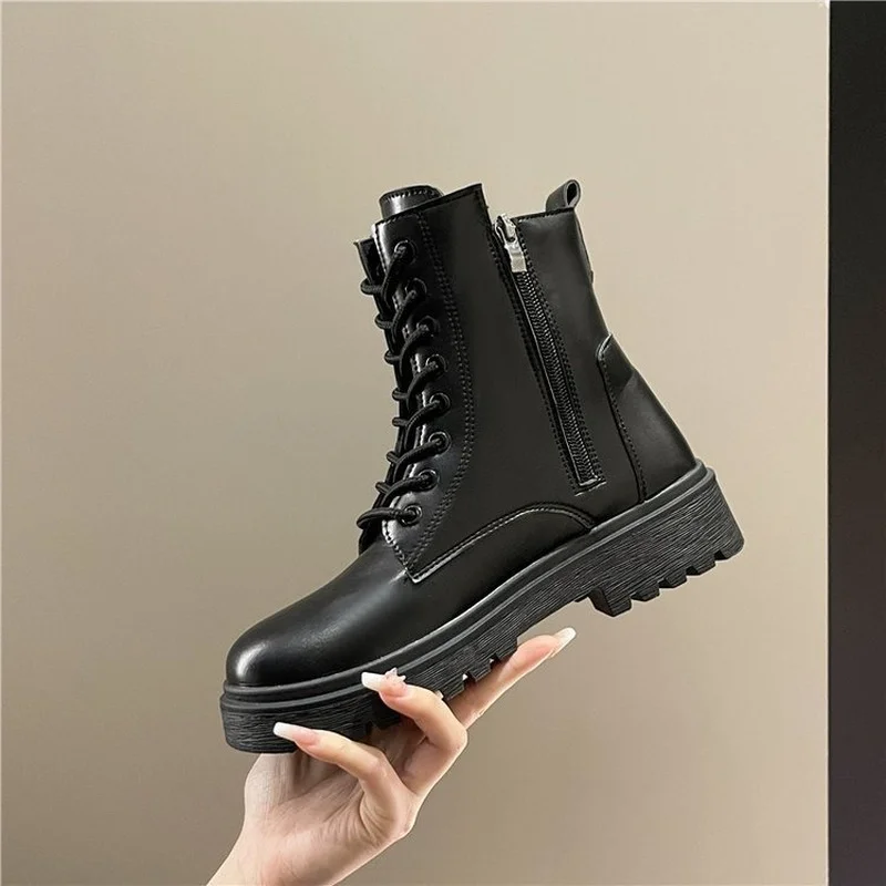2022 Women Boots PU White Mid Calf Boots Autumn Winter Motorcycle Boots Fashion Female Chunky Heel Platform Botas Femininas