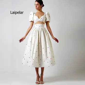 Two piece set Women Fashion Short Puff Sleeves Crop Top Vintage polka dot Midi Skirt 2021 Summer Woman Outfit Dress Sets Suits 1