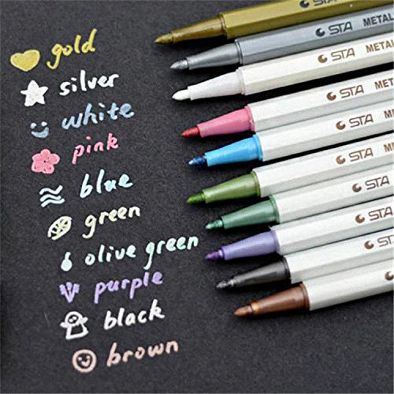 

10 pcs/lot STA Metallic Colored Ink Water Chalk Pen for Scrapbook Photo Album Drawing Watercolor Art Marker Gel Pens Stationery