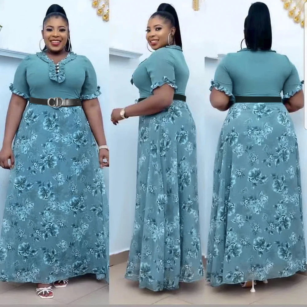 

L-3XL African Dresses for Women Spring African Women Short Sleeve Polyester Printing Long Dress African Clothes