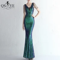 shiny green prom dresses fish scale pattern sequin lace evening gown mermaid beading straps v neck backless emerald party dress