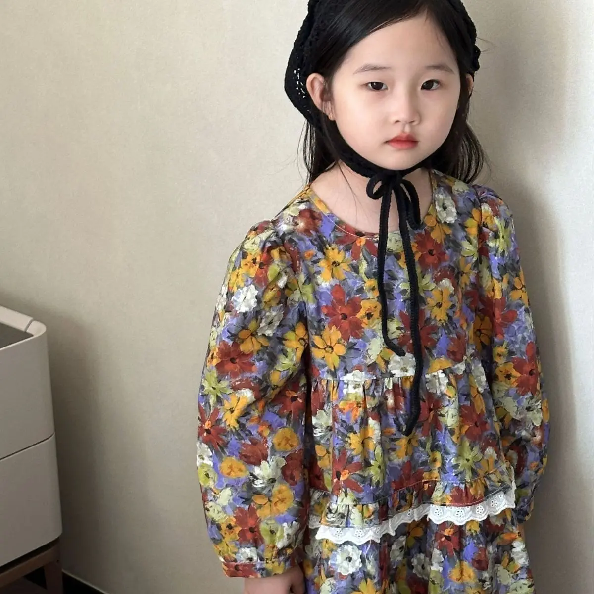 Осеннее платье с цветочным принтом для девушек кружевом и широким подолом