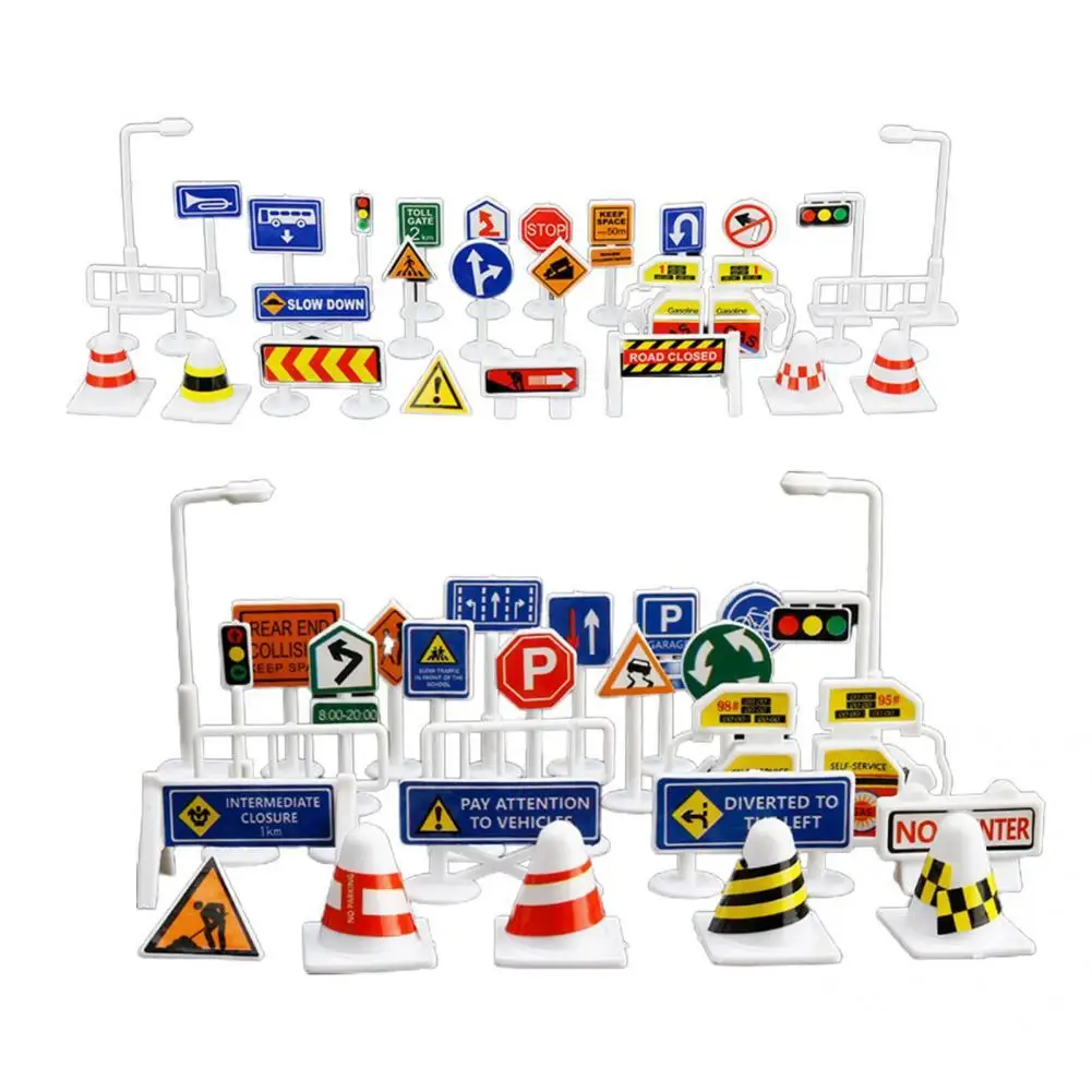

56Pcs/Set Road Sign Toy Useful Plastic Wide Application Road Traffic Sign Kit for Home Roadblock Model Children Toy