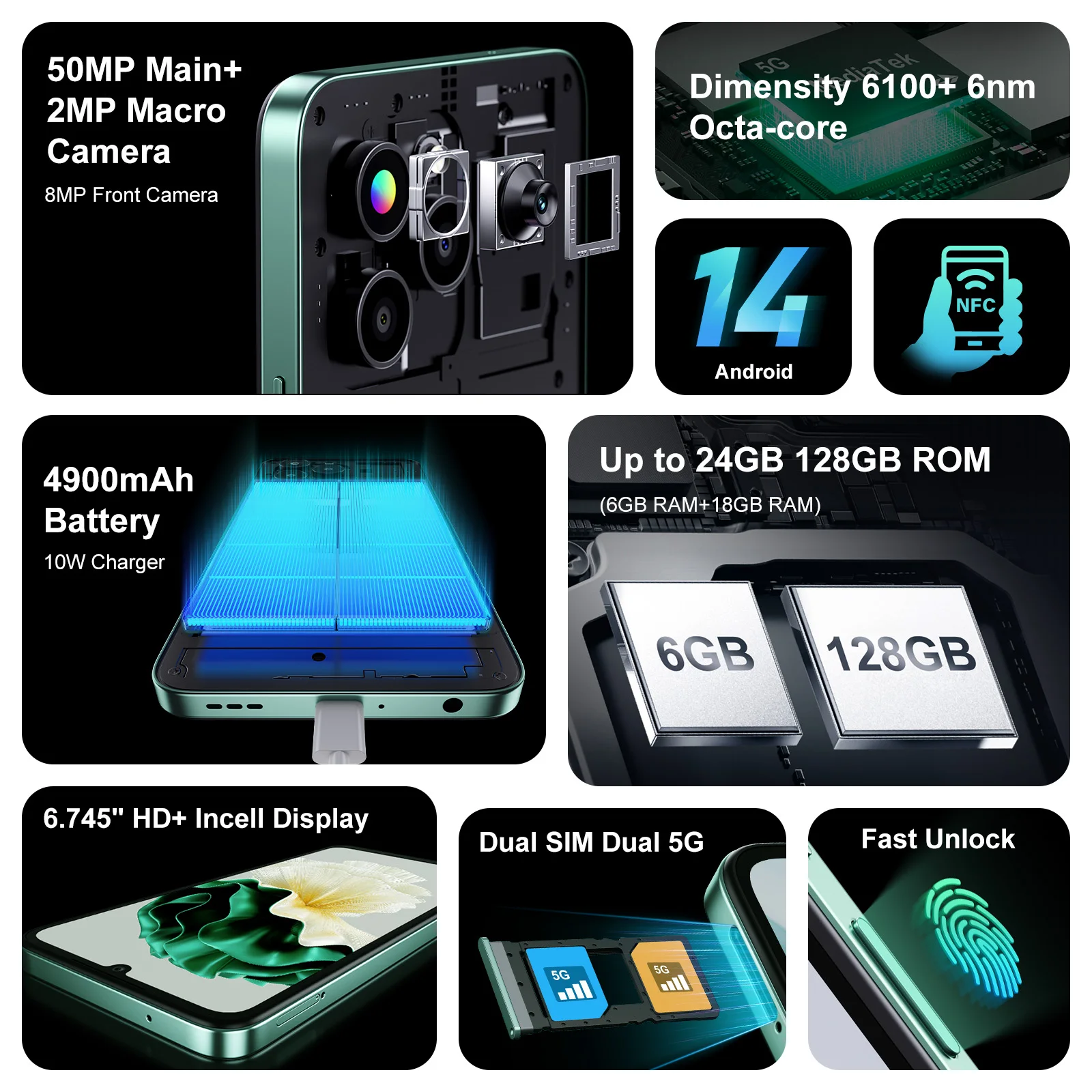Фото Смартфон Fossibot S1 5G, аккумулятор 4900 мАч, 24 ГБ + 128 ГБ, мобильный телефон, основная камера 50 МП, 6,745 дюйма, HD + дисплей, Android 14 NFC-телефон №2
