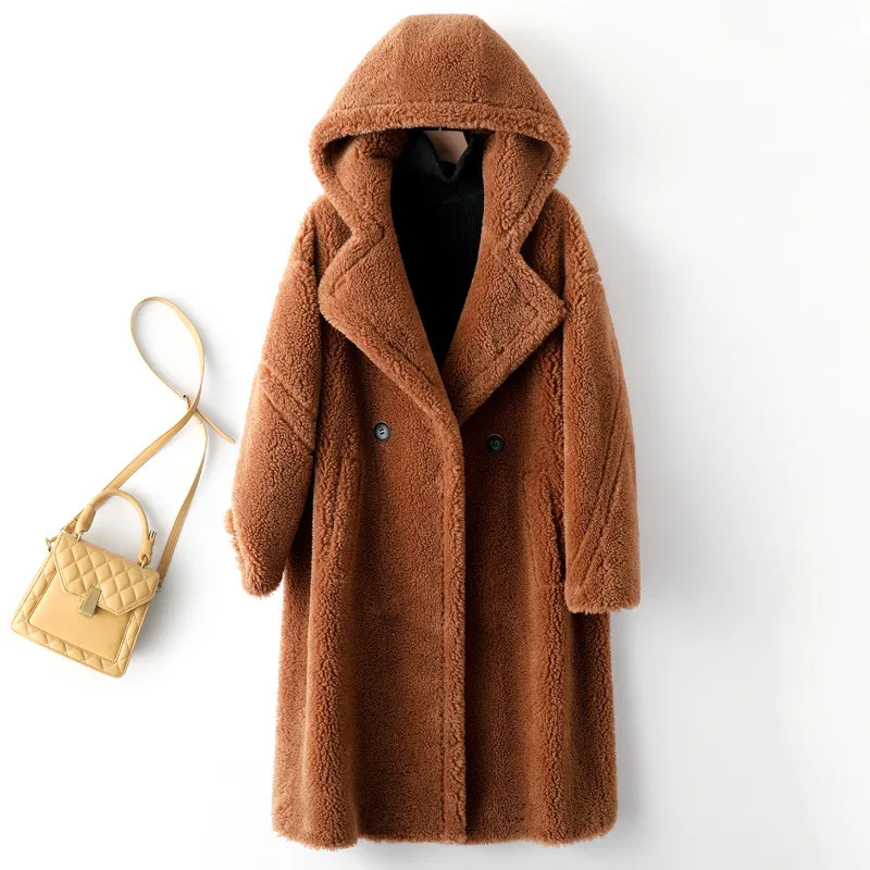 

Winter New Fashion Granule Sheep Shearing Coat Women Korean Hooded Mid-Length Lambswool Fur Jacket Female Loose Overcoat H2584