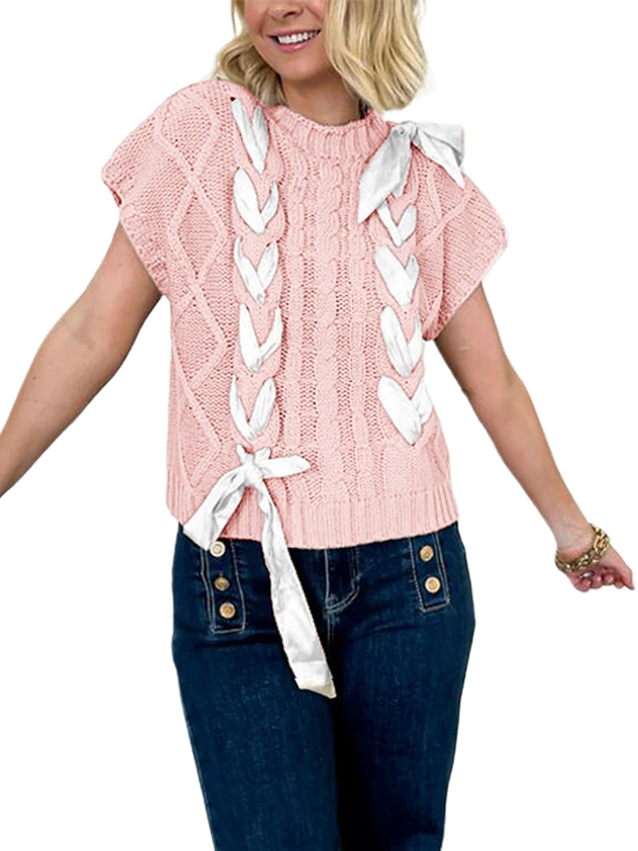 Женский свободный вязаный свитер пуловеры с коротким рукавом и круглым вырезом