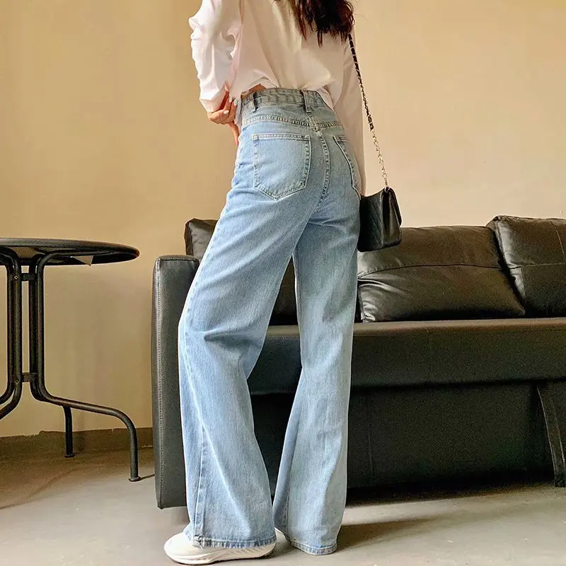 High Waist Solid Color Wide Leg Jeans Spring Autumn New Retro Style Women Street Style Classic Slim Straight Denim Pants Lady