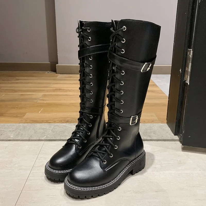 

2022 sexy knee-high boots lace-up fashion women boots Low heel shallow round head winter boots side zipper leather boots size 42