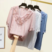 summer chiffon shirt womens large size 2022 new fashion hollow hook flower lace stitching short sleeved loose casual v neck top