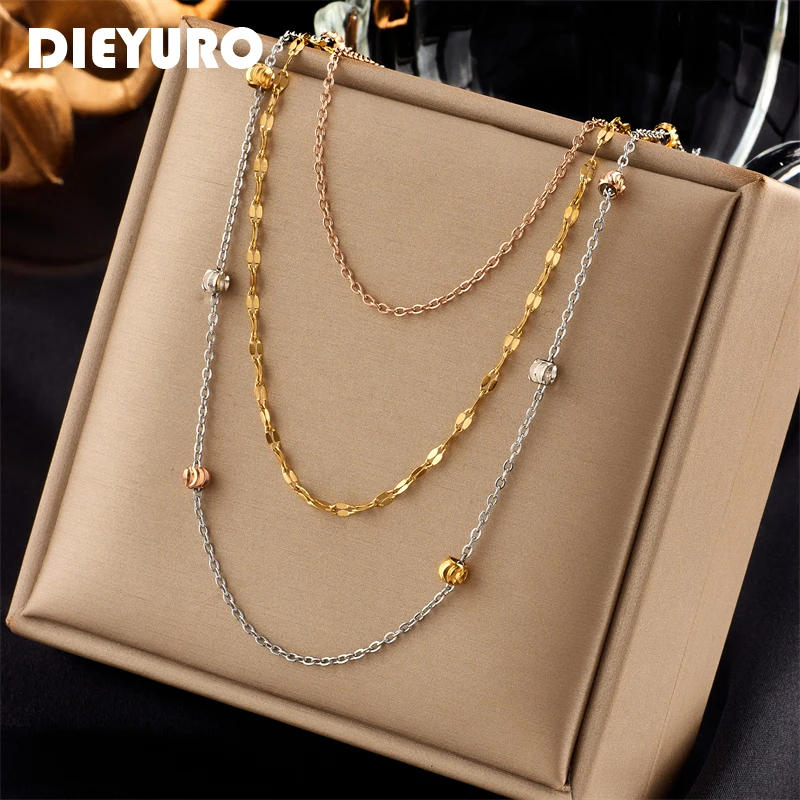 

DIEYURO 316L Stainless Steel 3 Layer Chains Necklace For Women Vintage Ladies Multilayer Neck Jewelry Wedding Party Gift Joyas