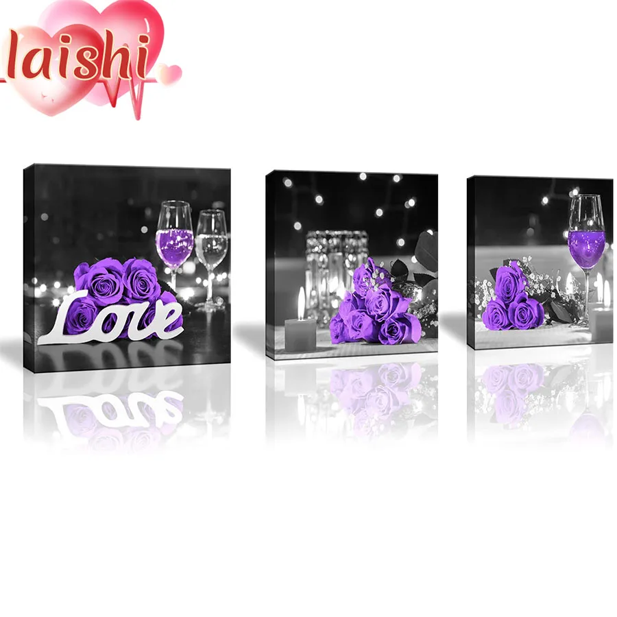 

3pcs love gift, purple roses Diamond Painting Cat Full Square Diamond Embroidery Pictures Of Rhinestones Mosaic Home Decor