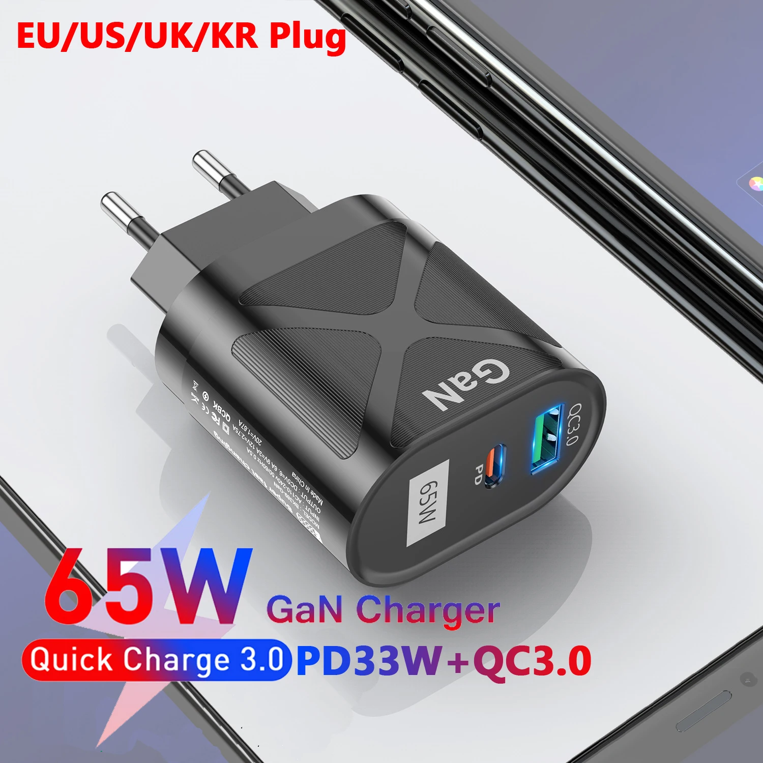 USLION 65W GaN зарядное устройство для iPad Pro iPhone 13 Max QC 3 0 PD 33W USB Type C быстрое Samsung S22 Xiaomi Mi 12