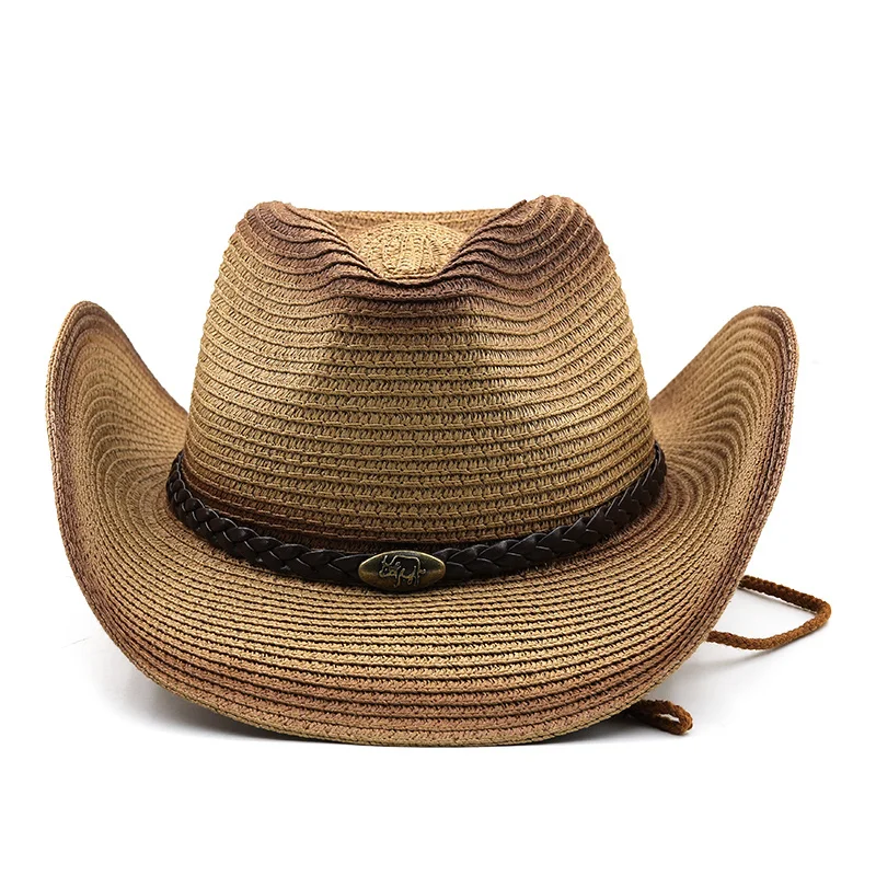 Straw cowboy Simple Men Hats Summer Women Jazz Hat With Belt Khaki Unisex Hollow Breathable Beach Vintage Male Ladies Fedora Hat