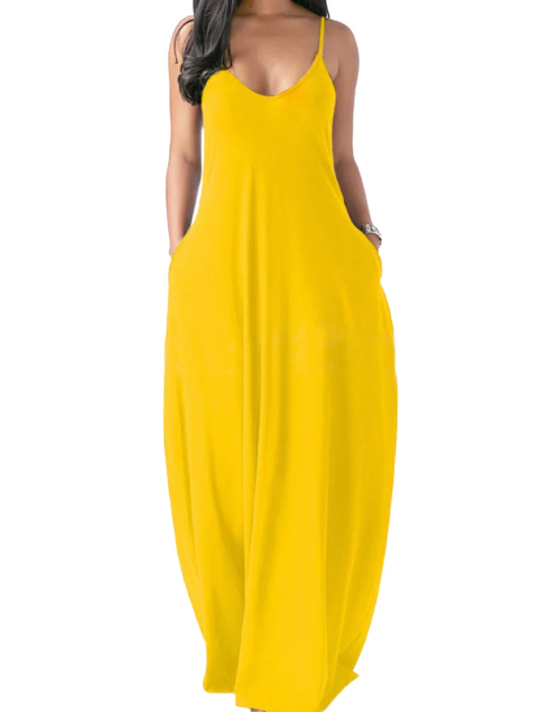 Винтажное женское платье с u-образным вырезом на тонких бретелях Mixi карманами