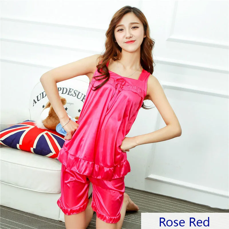 2023 Summer Women's Faux Silk Satin Pajamas Sexy Sleepwear Female Nighty for Ladies Lace Tops + Shorts Cool Pajamas Set