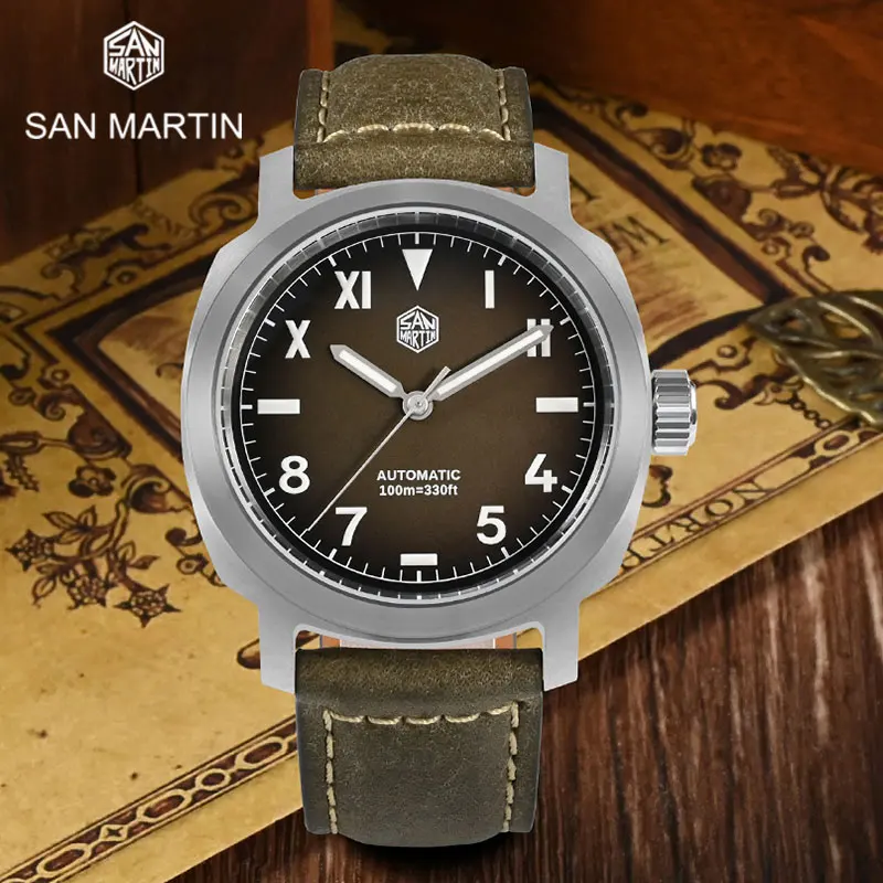 

San Martin Men Watch 40mm YN55 Vintage Simple Classic Automatic Mechanical Wristwatch Sapphire 10Bar BGW9 Luminous Leather Strap