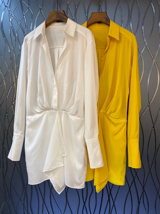 

2022 new women fashion long sleeve lapel v neck wrinkle kink slim dress 718