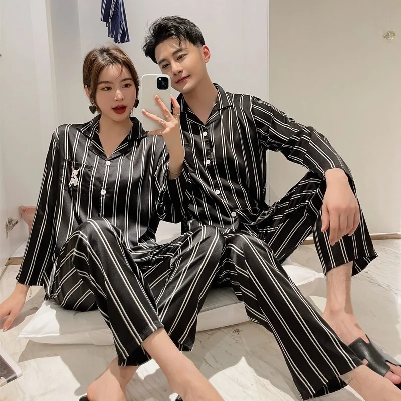 

Couple pajamas men and women ice silk new spring and autumn thin Lapel high sense silk home suit