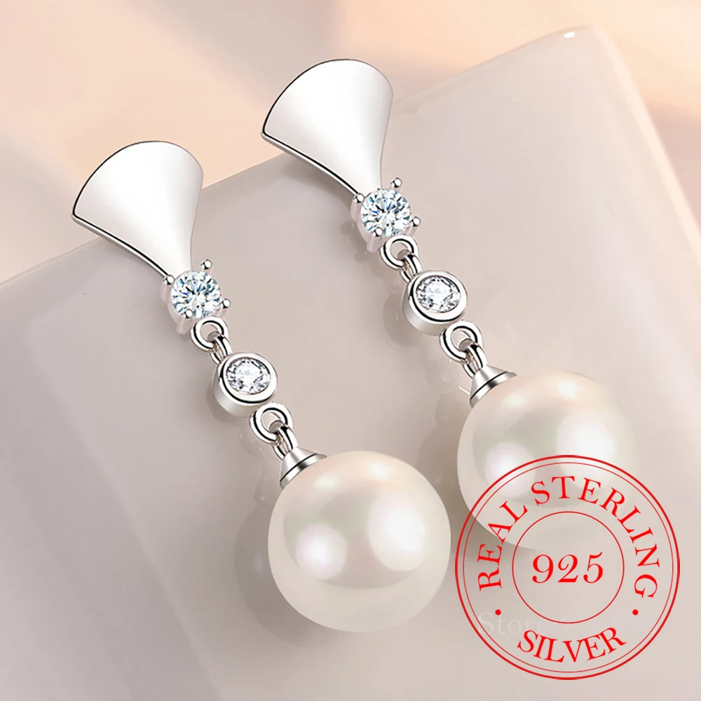 

925 Sterling Silver 10MM/12MM Pearl Beads Drop Earrings For Women Girls Wedding Party Elegant Jewelry gift