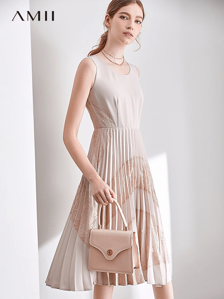 

Amii Minimalism Summer Women's Chiffon Dress Summer Fashion Elegant ONeck Lace Pleated Sleeveless Female Dress 11930148