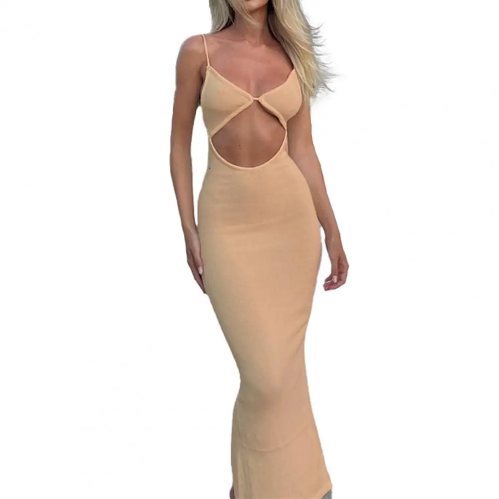 

Summer Dress Club Dress Adjustable Straps Slim Fit Anti-pilling Spaghetti Strap Bodycon Hollow Out Sleeveless Maxi Dress Female