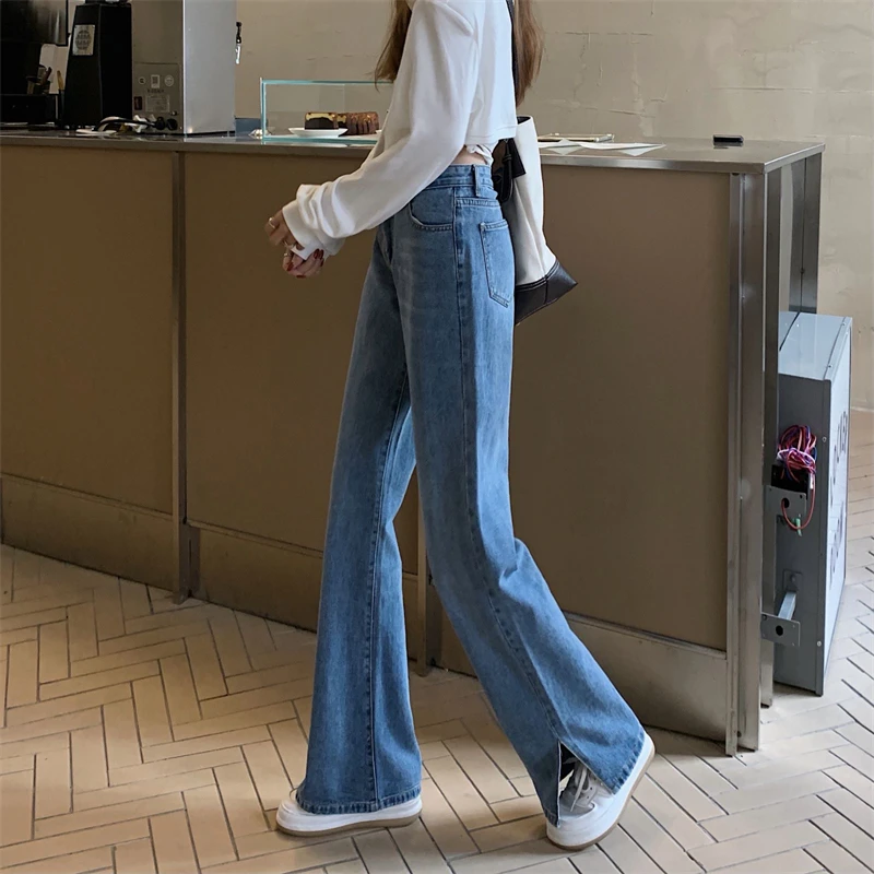 N0751   High-waisted slit jeans women's new straight-cut slim wide-leg pants design niche mopping pants jeans