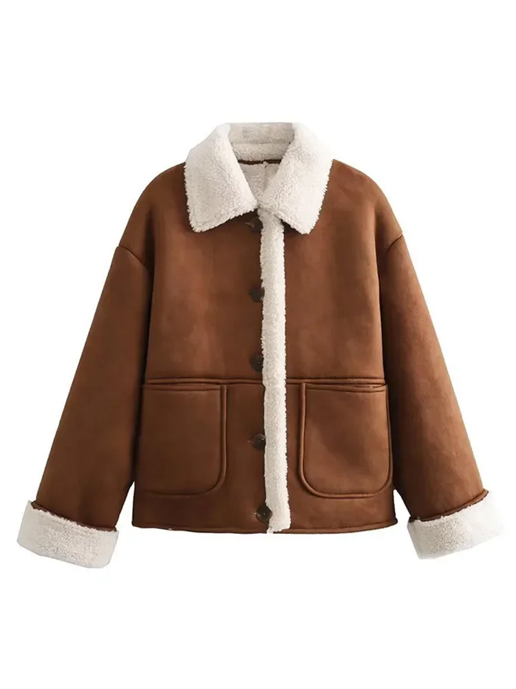 Осенне-зимняя модная куртка из искусственного меха ягненка женское коричневое