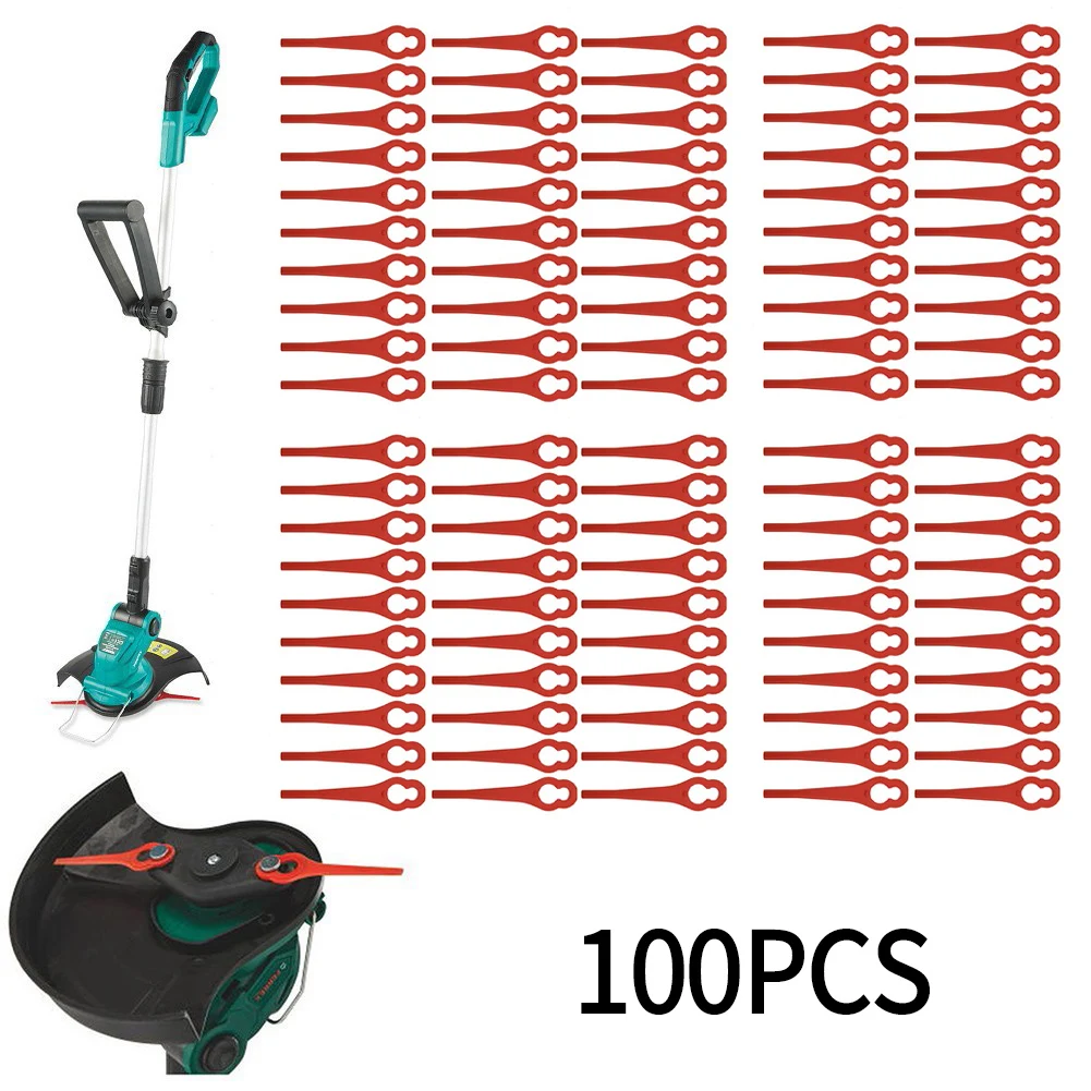 

100Pcs Plastic Grass Trimmer Blades 8.5cm X 2.0cm Durable For Ferrex For Aldi FAR 20-1 97699 FE220 Garden DIY Tool Accessories