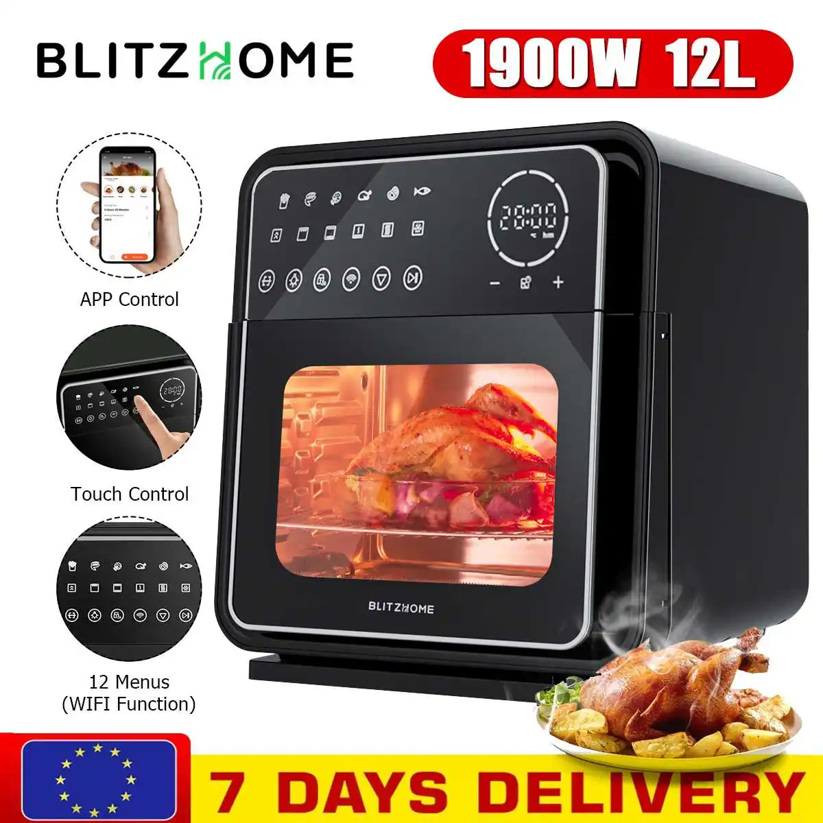 

BlitzHome 12L Electric Air Fryer Oven Toaster Rotisserie Dehydrator Smart LED Touchscreen Large Capacity Chicken Frying Machine