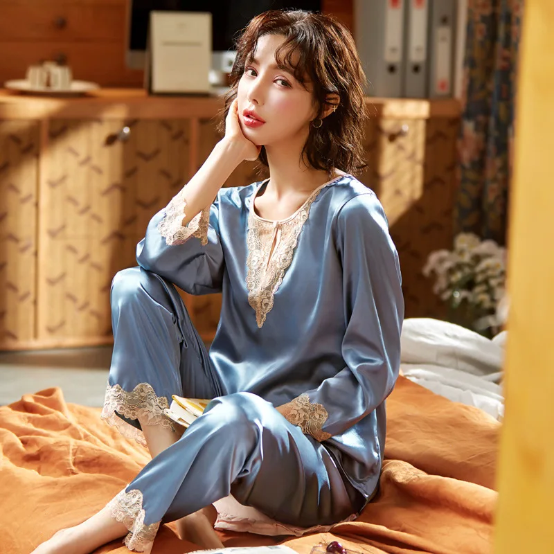 Ice And Snow Silk99%New Pajamas Women's Spring/Summer Ice Silk Long Sleeve Set INS Wind Thin Silk Home Furnishing