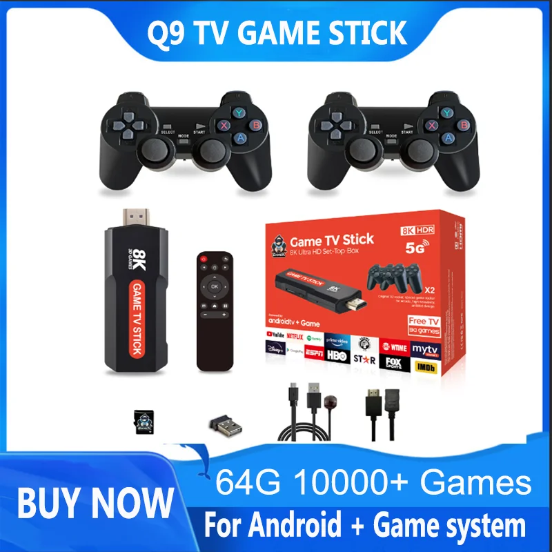 Игровая консоль Q9 X2 с двойной системой для Android Game Stick 4K 64G 10 000 ретро-игр Поддержка