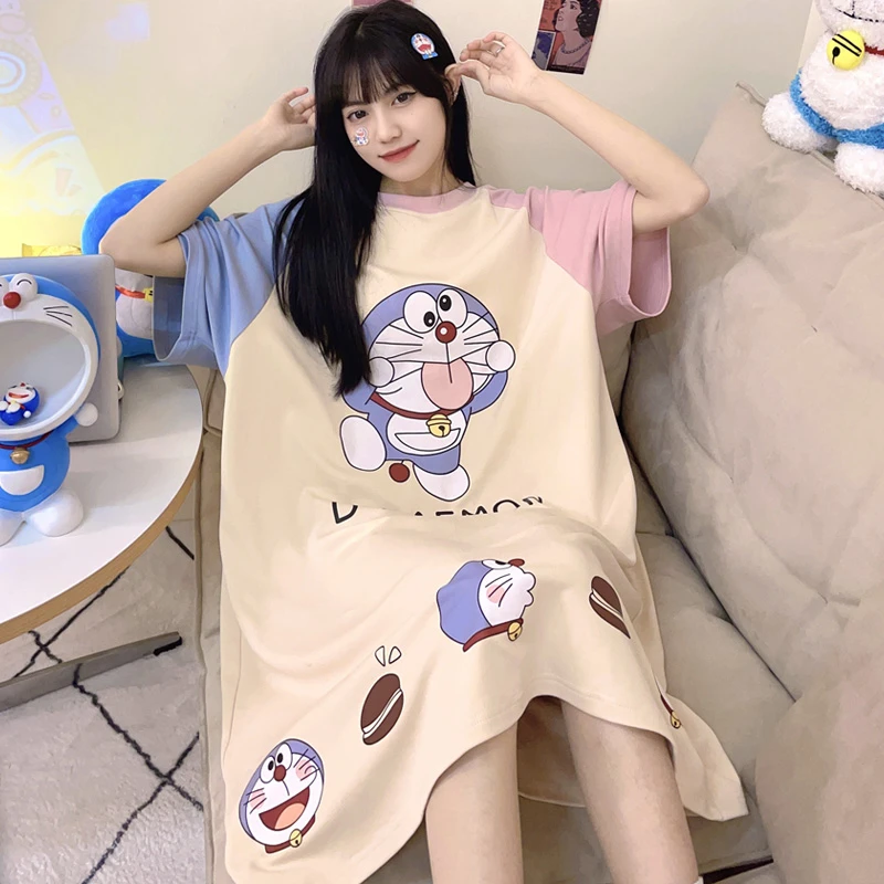 Lovely Summer Women Pajamas Night Dress women's Sweet Cartoon Doraemon Loose Nightshirt Femme  Household Clothes Pijamas