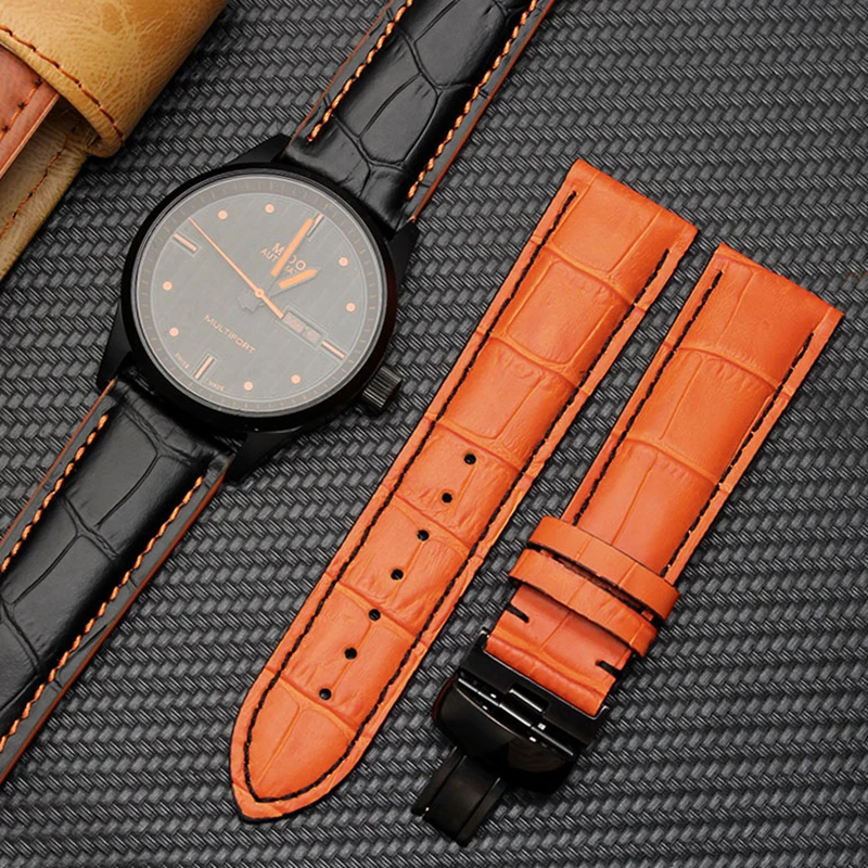 

22mm 23mm Genuine Leather Watch Band For MIDO Helmsman M005.430.36.051.80 Watch Strap Butterfly buckle Men's Accessories Orange