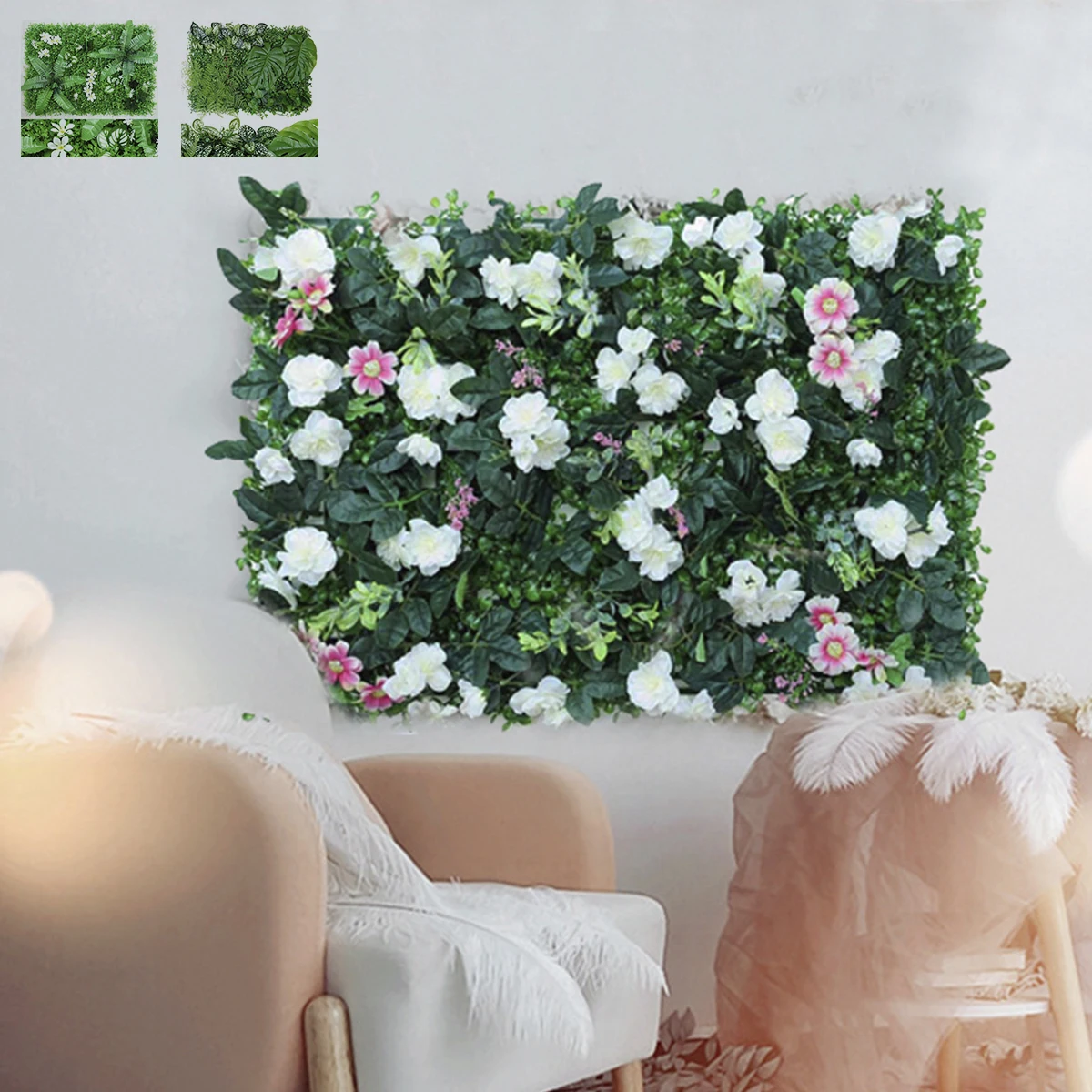

Artificial Plant Wall Panels Plastic Fake Grass Wall Backdrop Spring Flowers Rosebud Monstera Leaf Wall Artificial Grass Decor