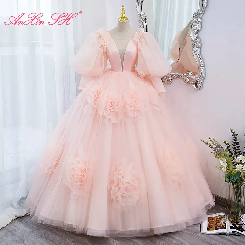 

AnXin SH princess pink lace illusion sweetheart luxury vintage big rose puff sleeve ball gown ruffles black evening dress