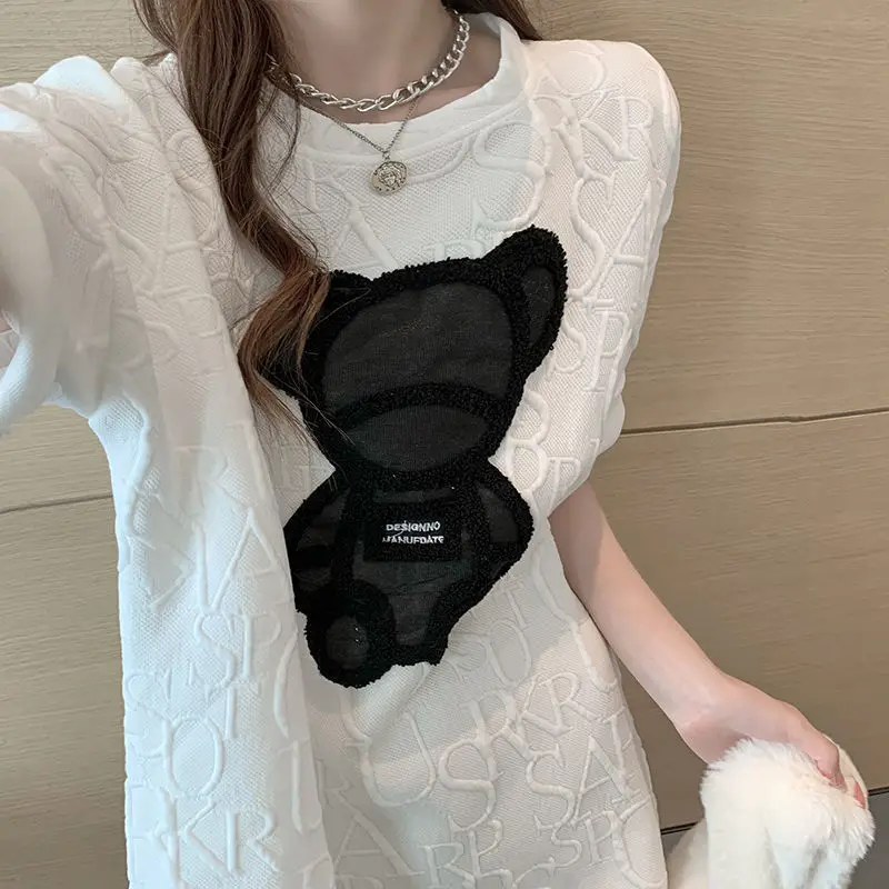 

Letter Jacquard O-neck Short Sleeves Loose Summer T-shirts Women's T Shirt Harajuku Girls Bear White Tees Plus Size Tops Casual