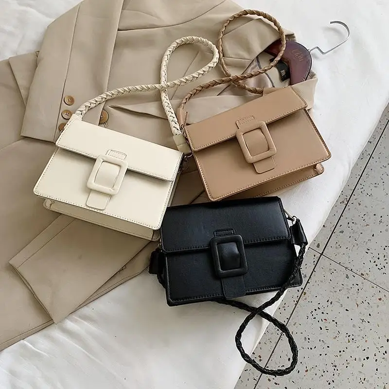 

Female Shoulder Bag 2022 New Pu Leather Lock Bag Twist Braid Simple and Versatile One-shoulder Messenger Retro Small Square Bag