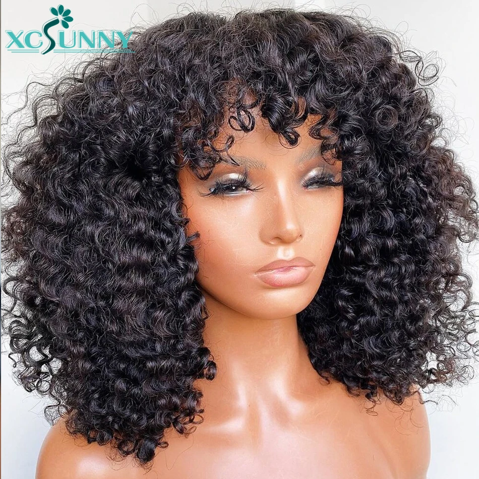 

Kinky Curly Wig With Bangs Human Hair 200 Density Full Machine Made Wig Peruvian Short Scalp Top Human Hair Wig For Women
