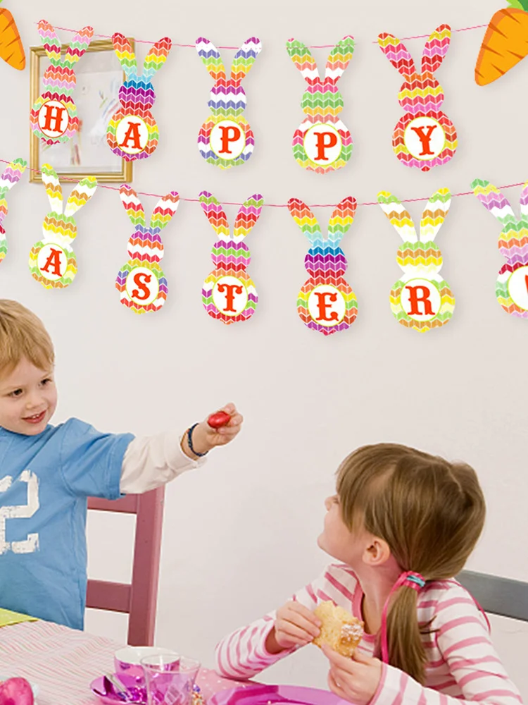 

Colorful Happy Easter Banner Easter Decorations Bunting Bunny For Home And Office Easter Rabbit Carrot Paper Pull Flag For Sprin