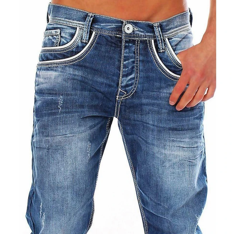 Men Jeans Streetwear Vintage Jeans Summer Zipper Solid Loose Pockets Jeans Men Button Mid-Waist Denim Straight-Leg Pants