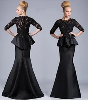 black satin mother of the bride dresses beading 34 sleeve ruffles applique lace mermaid zipper o neck formal women evening gown