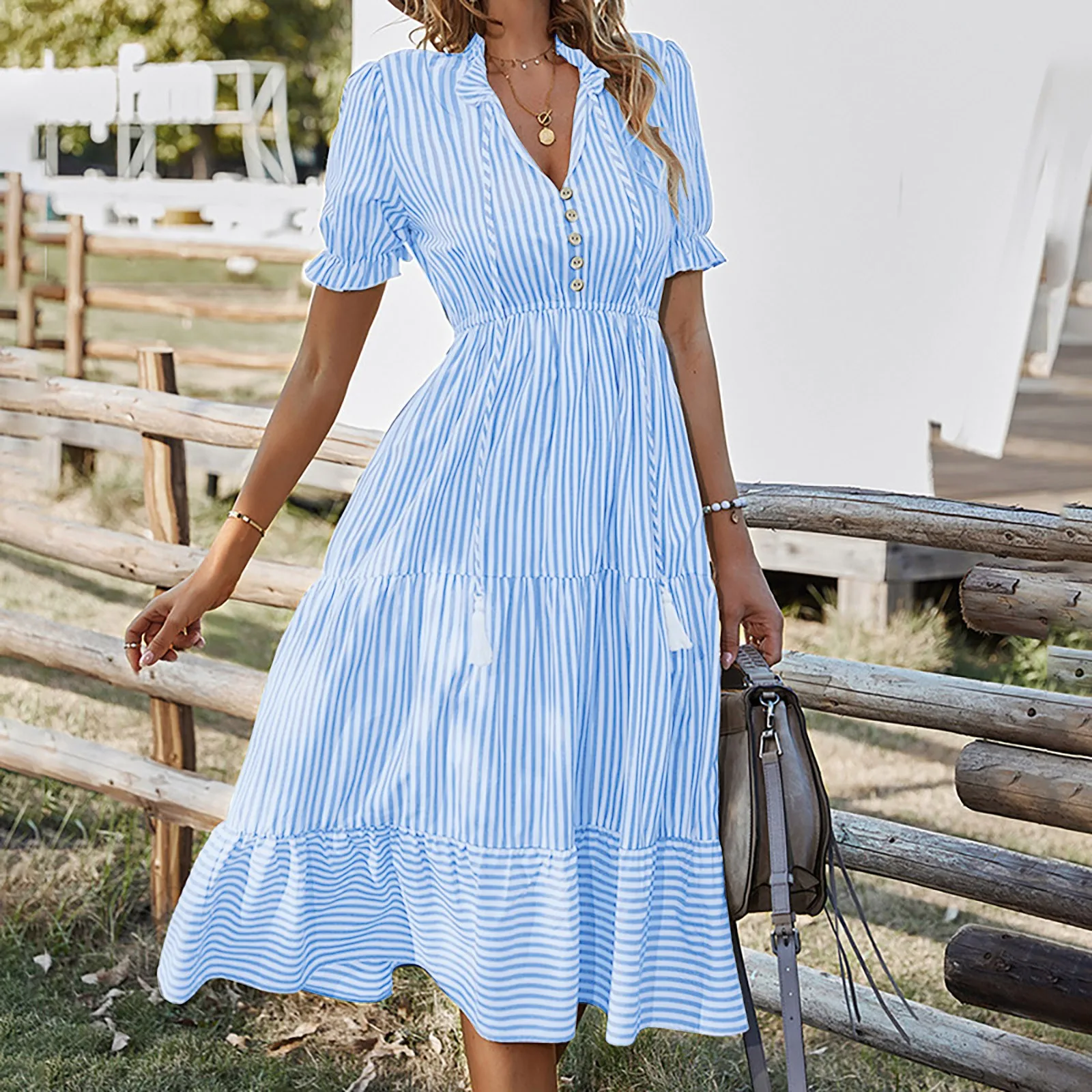 

Prom Dresses for Women Women's Summer Ruffle Puff Sleeve Dress Short Sleeve V Neck High Waist Knit Dresses