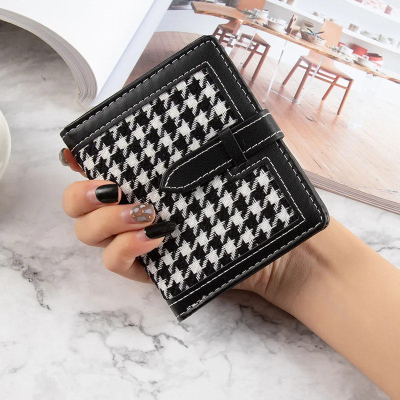 

Small Wallet Women Short Simple Houndstooth Buckle Wallets Retro Fashion Foldable Coin Purse Female Card Bags кошелек женский