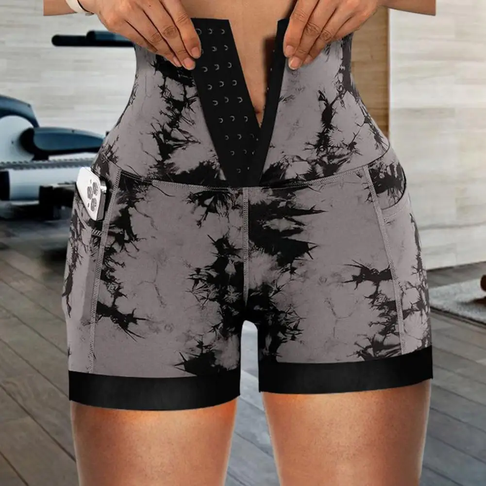 

Women High-waist Shorts High Waist Tummy Control Butt-lifted Tie-dye Yoga Shorts with Pockets Front Closure Elastic for Women
