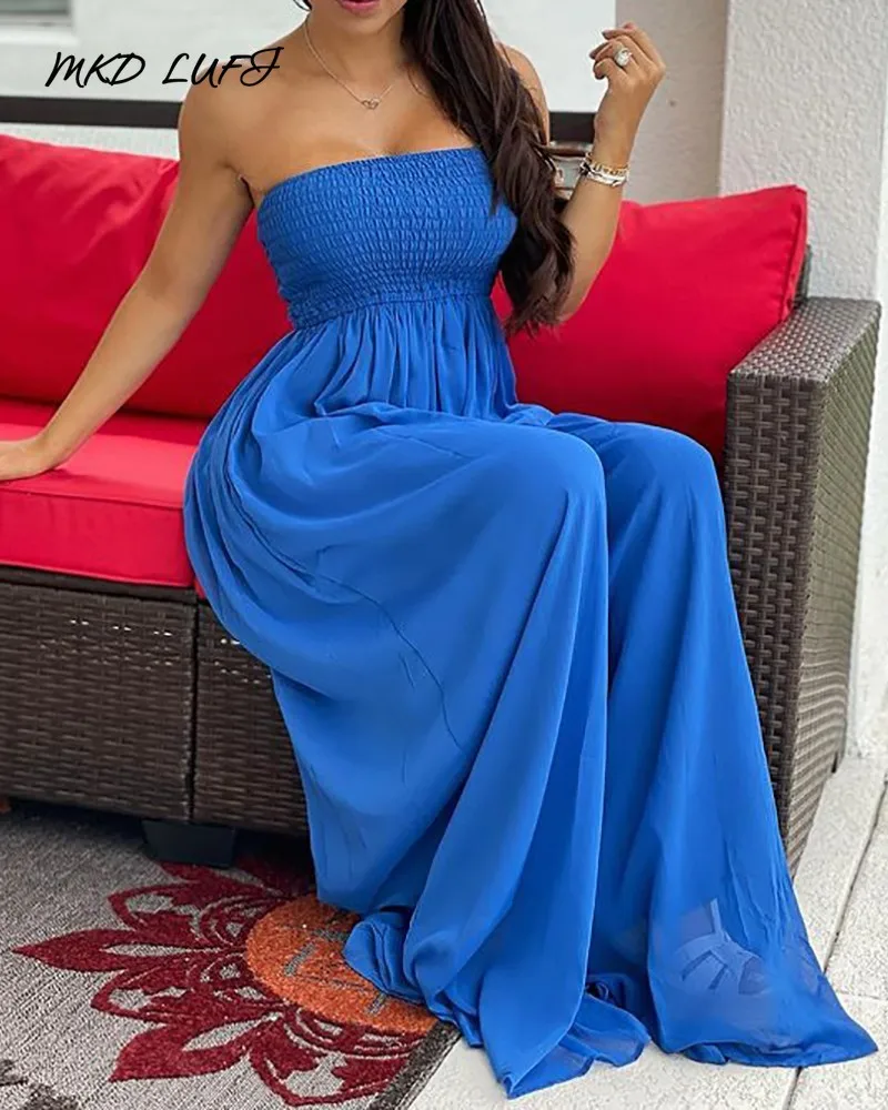 

MKD LUFI Shirring Detail Wide Leg Casual Rompers Women Jumpsuit Strapless One Piece Outfits