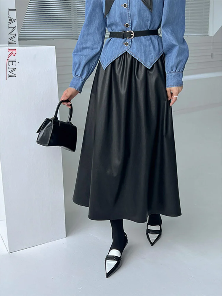 

PU Leather Skirts Women Solid Color Elastic Waist Midi Loose Pleated Skirts Female Fashion Clothing 2023 Spring 2R4742